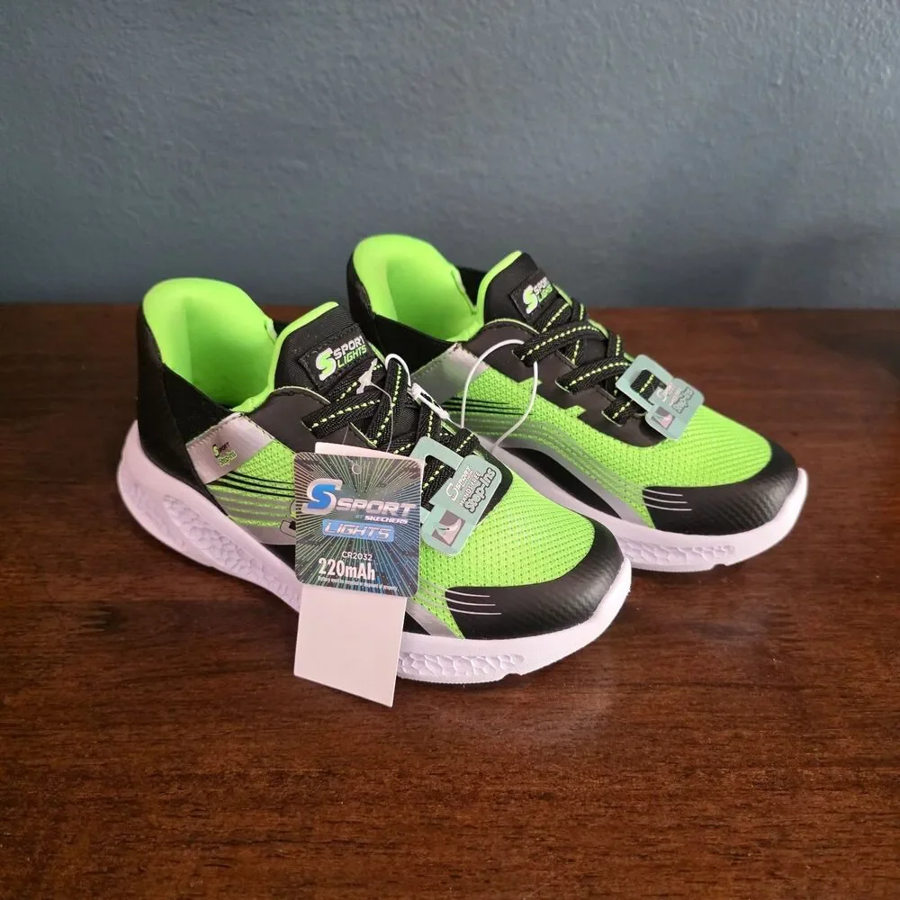 Shoes Boys Toddler Sport By Skechers Size 12 Light up Step-ins Green NWT